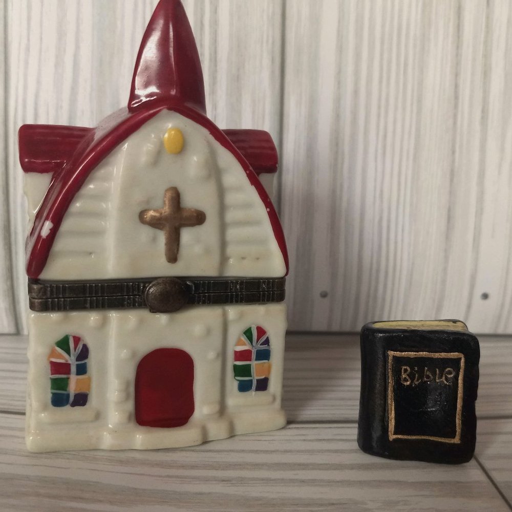 Vintage Red Roof Church Hinged Trinket Box with Trinket